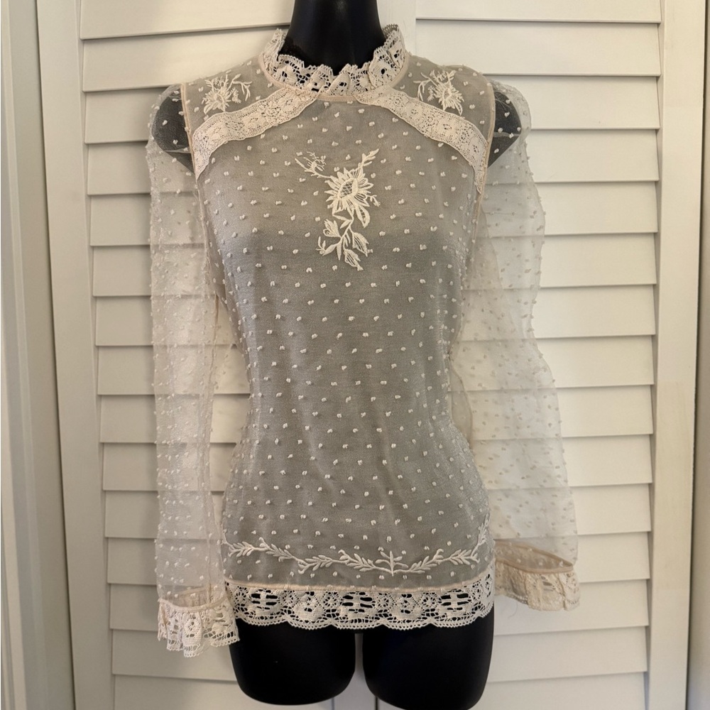 Zara Elegant Vintage Inspired Lace Embroidered Women's Sheer Top Size Medium NWT - Picture 3 of 9